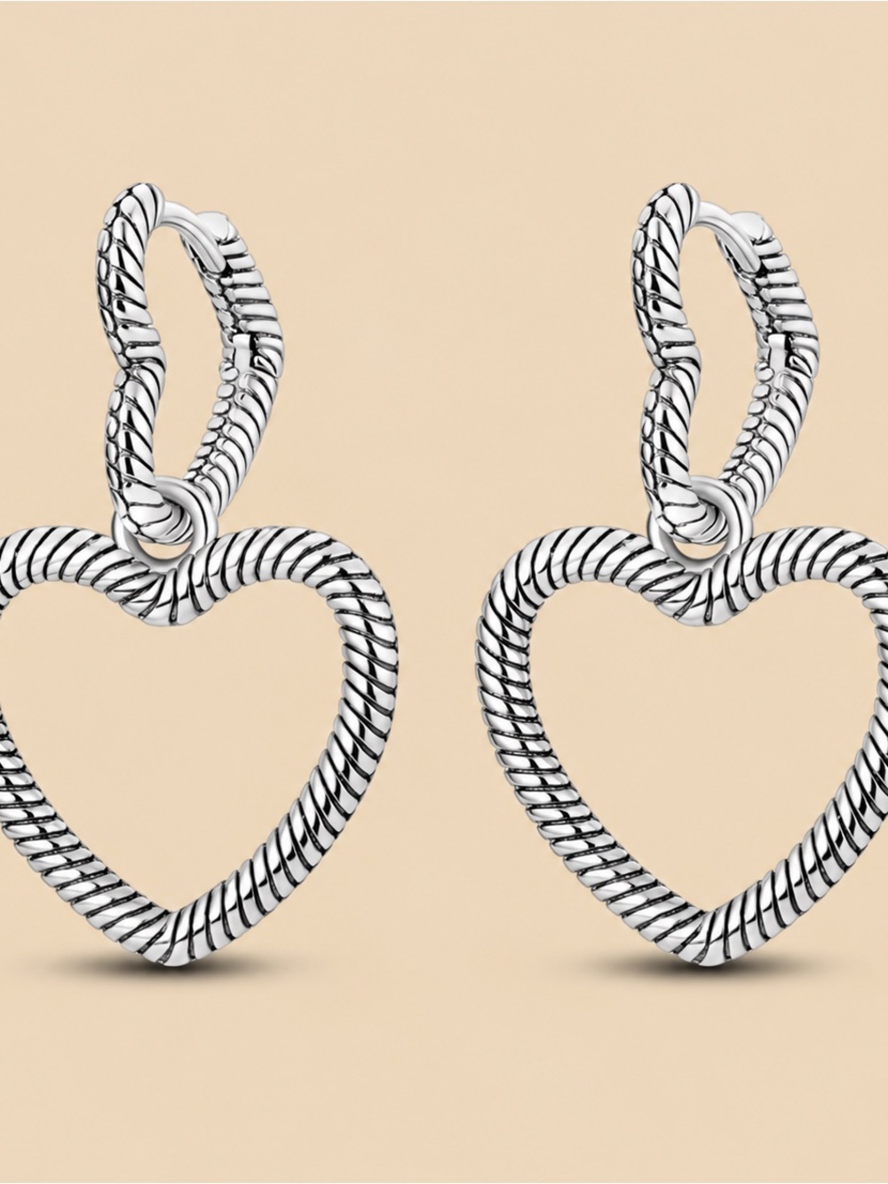 Textured Heart Drop Earrings in Silver Tone
